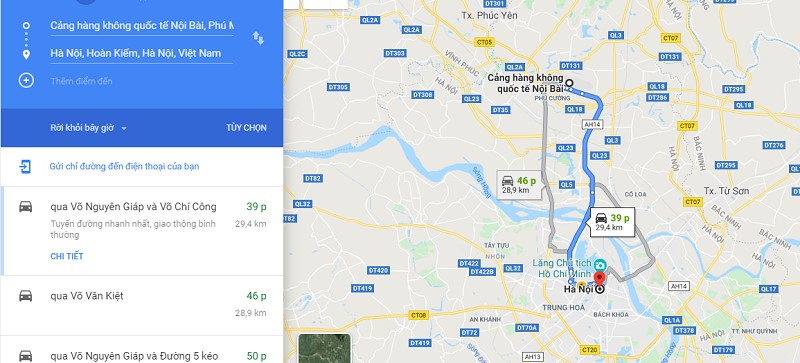 Thời gian đi từ sân bay Nội Bài đến trung tâm thành phố Hà Nội?